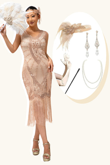 Sparkly Champagne Fringed Sequins 1920s Dress with 5-Piece Accessory Set